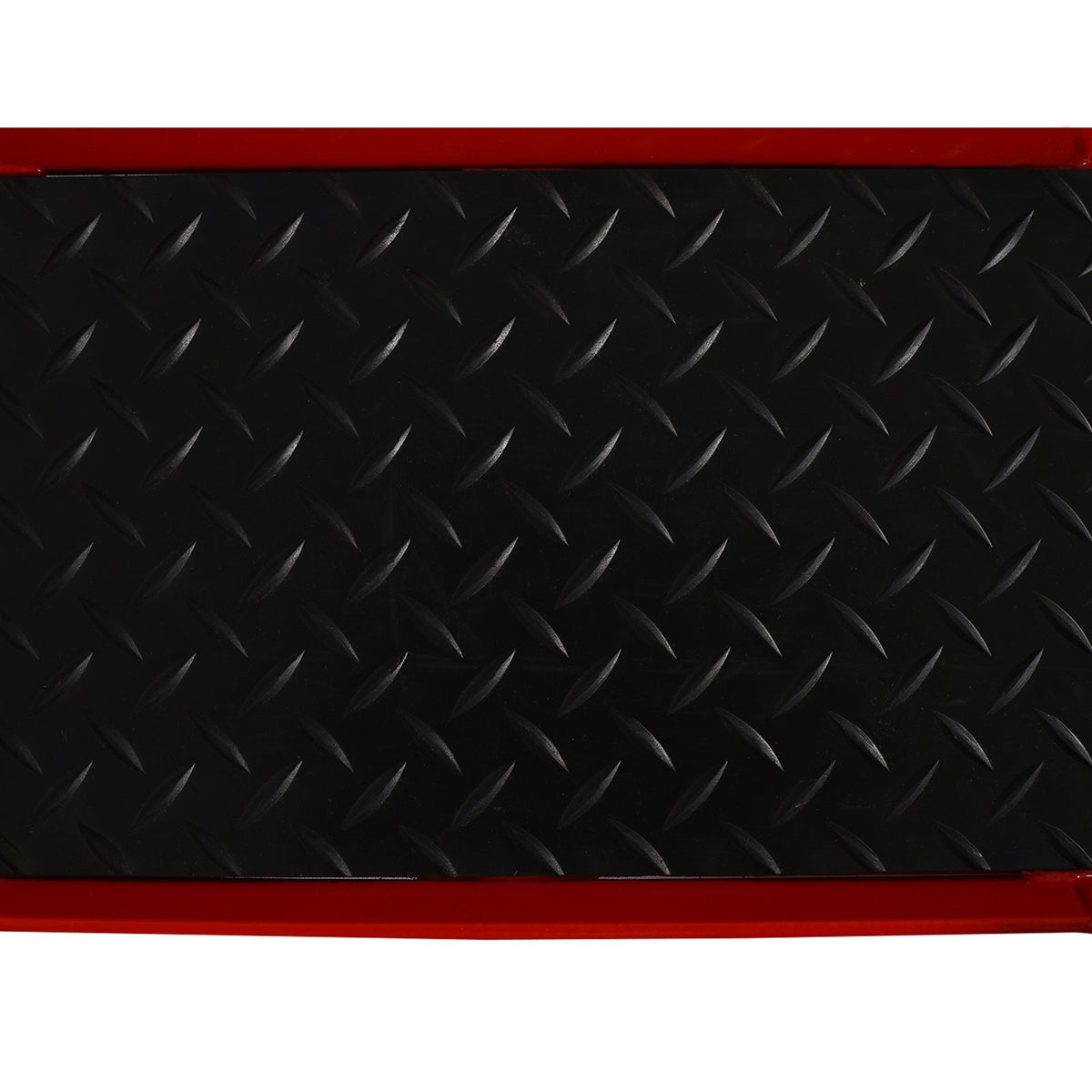 Motorcycle center stand dolly base platform in black diamond-plate steel with red trim on Tampa Home & Garden Store