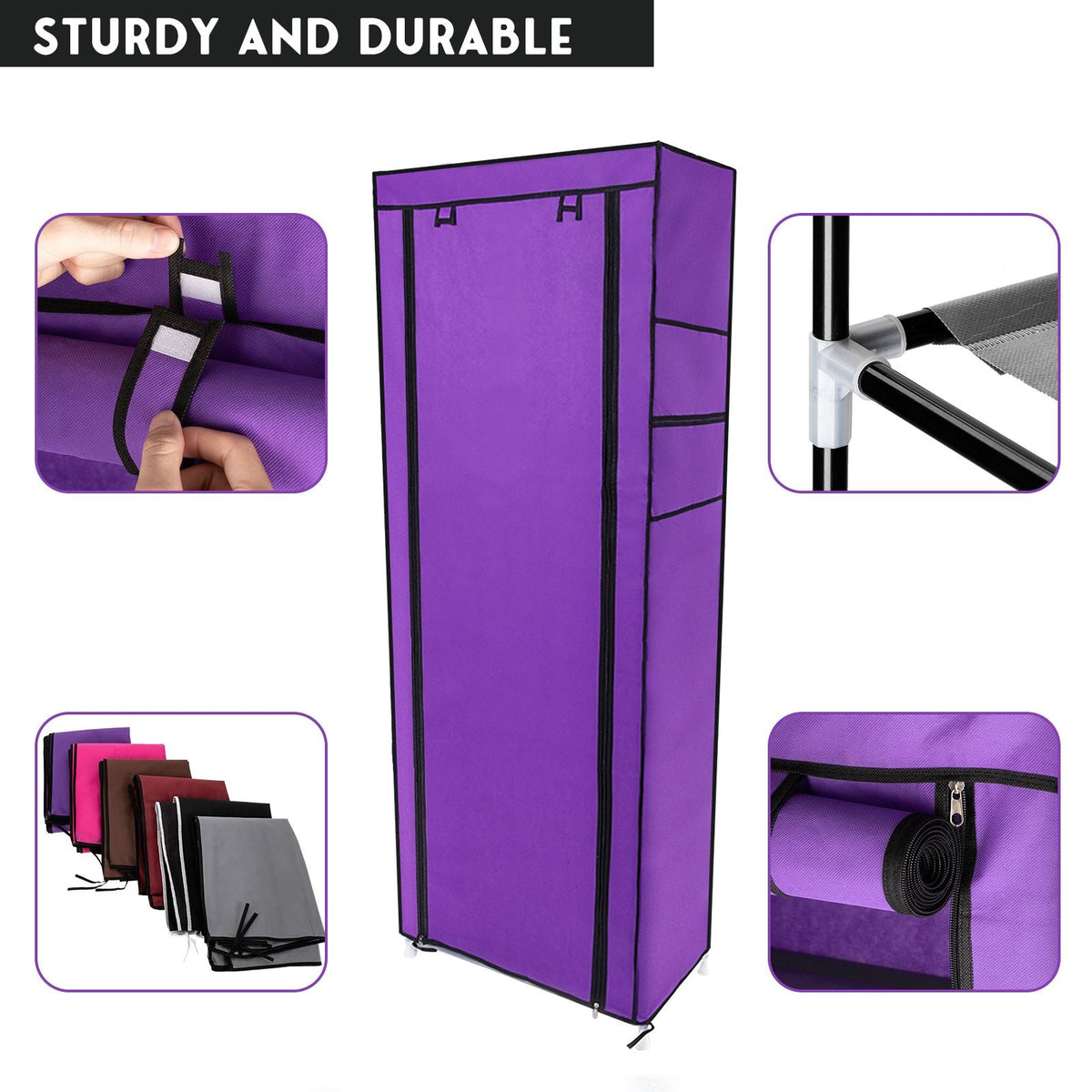 Mercantile Mountain shoe rack 10-layer non-woven fabric in purple with black trim and zippered pockets on Tampa Home & Garden Store