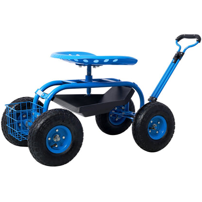 Mercantile Mountain rolling garden scooter with blue 360 swivel seat and front basket on Tampa Home & Garden Store
