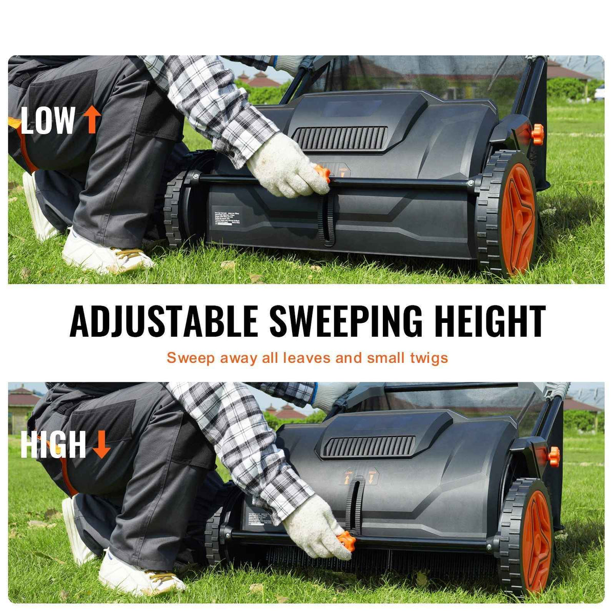 Mercantile Mountain Heavy Duty 21in Push Lawn Sweeper black with orange wheels for leaves on Tampa Home & Garden Store