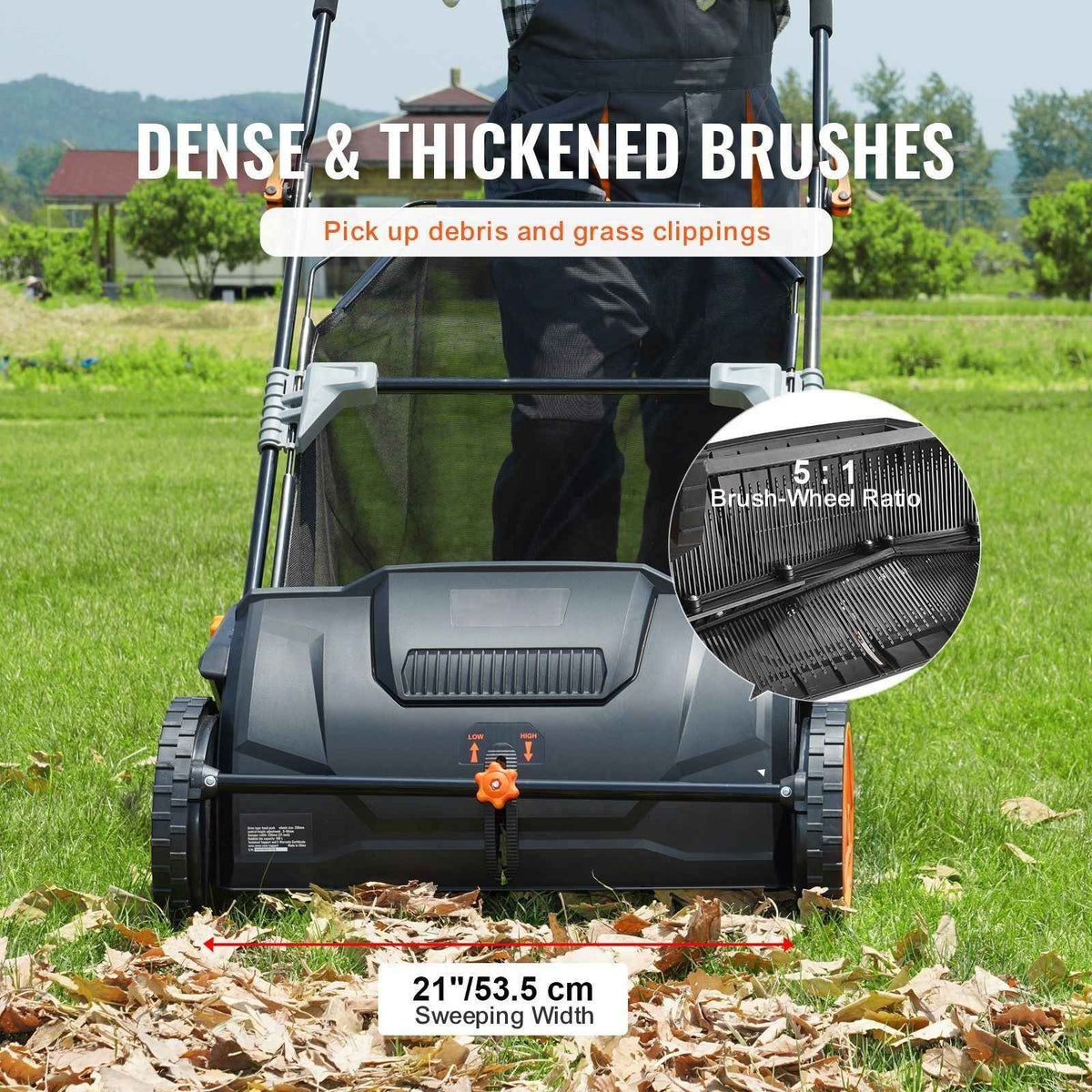 Mercantile Mountain 21in Lawn Sweeper with dense brushes for leaves and grass clippings on Tampa Home & Garden Store
