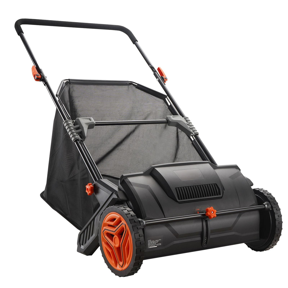 Mercantile Mountain Heavy Duty 21in Push Lawn Sweeper with mesh bag, black frame and orange accents on Tampa Home & Garden Store
