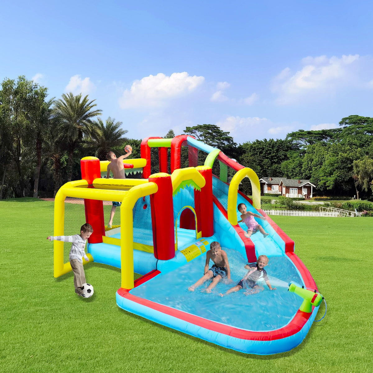 7-in-1 Inflatable Water Slide Bounce House with Pool by Mercantile Mountain in bright red, yellow and blue, kids playing on Tampa Home & Garden Store