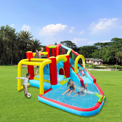 7-in-1 Inflatable Water Slide Bounce House with Pool by Mercantile Mountain in bright red, yellow and blue, kids playing on Tampa Home & Garden Store