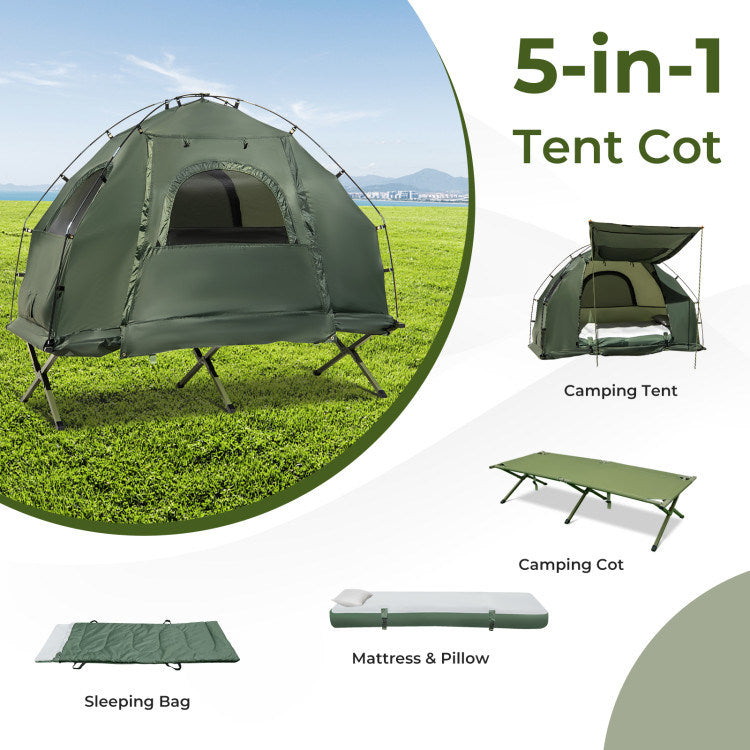 1-Person Folding Camping Tent Cot by Mercantile Mountain in green with sunshade and air mattress on Tampa Home & Garden Store
