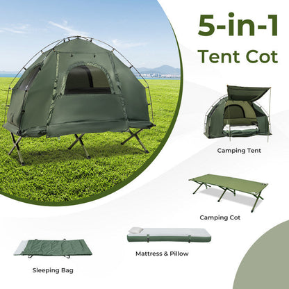 1-Person Folding Camping Tent Cot by Mercantile Mountain in green with sunshade and air mattress on Tampa Home & Garden Store