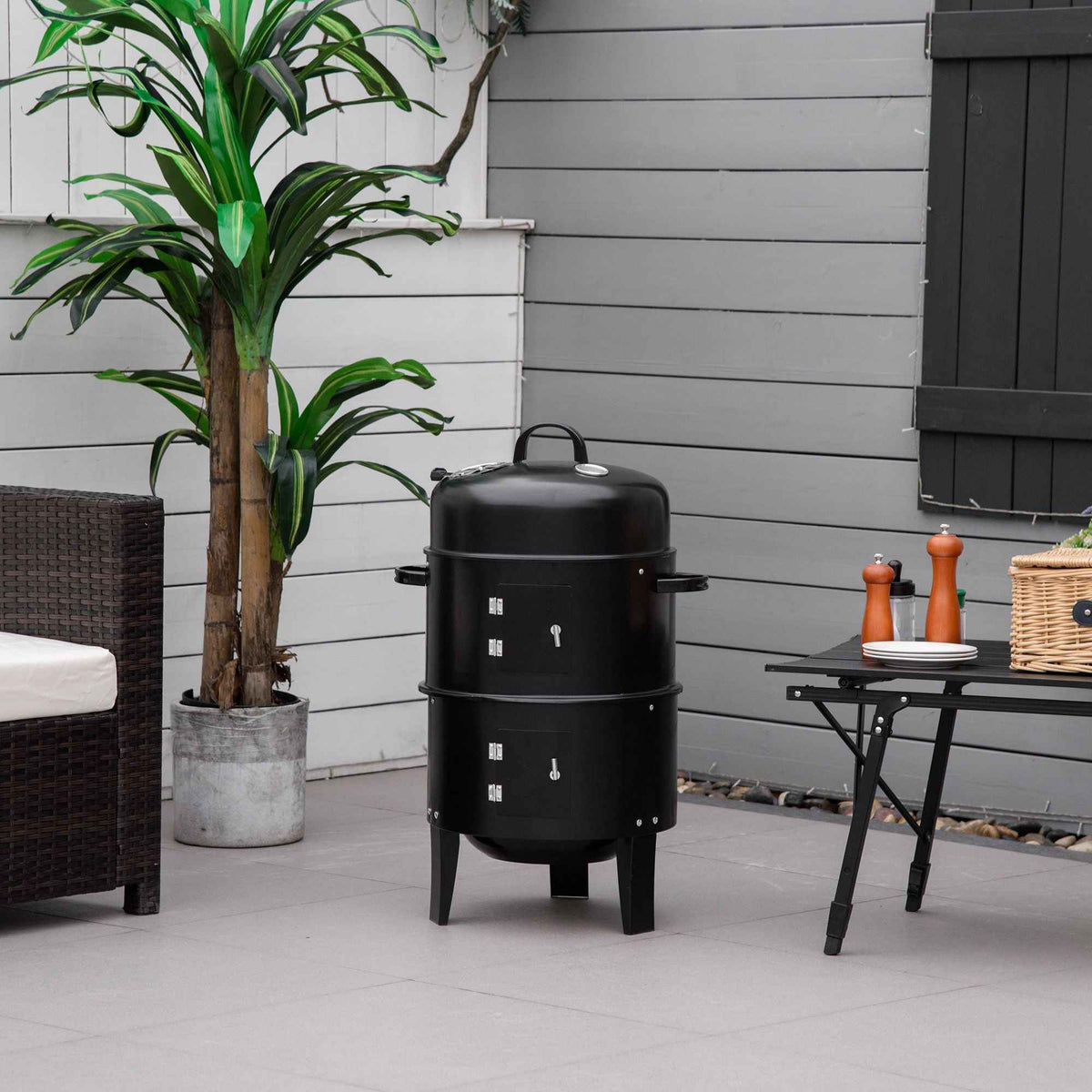 3-in-1 vertical charcoal smoker grill with 2 cooking areas and thermometer by Mercantile Mountain on Tampa Home & Garden Store