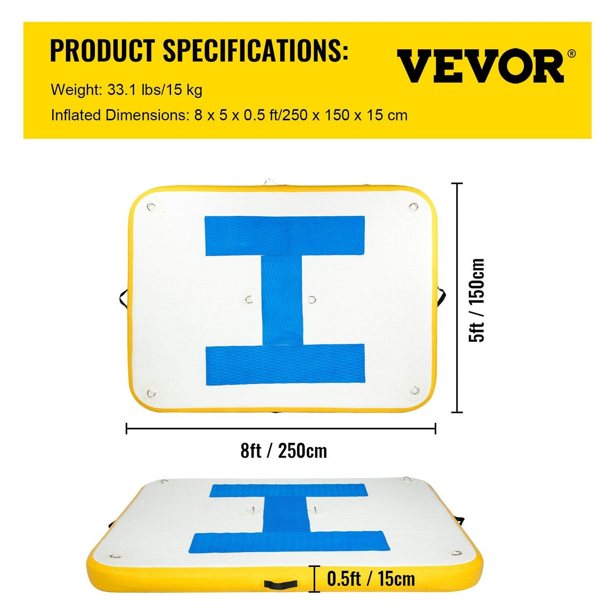 Inflatable floating dock platform 8x5 ft, white deck with yellow edge and blue T, VEVOR on Tampa Home & Garden Store