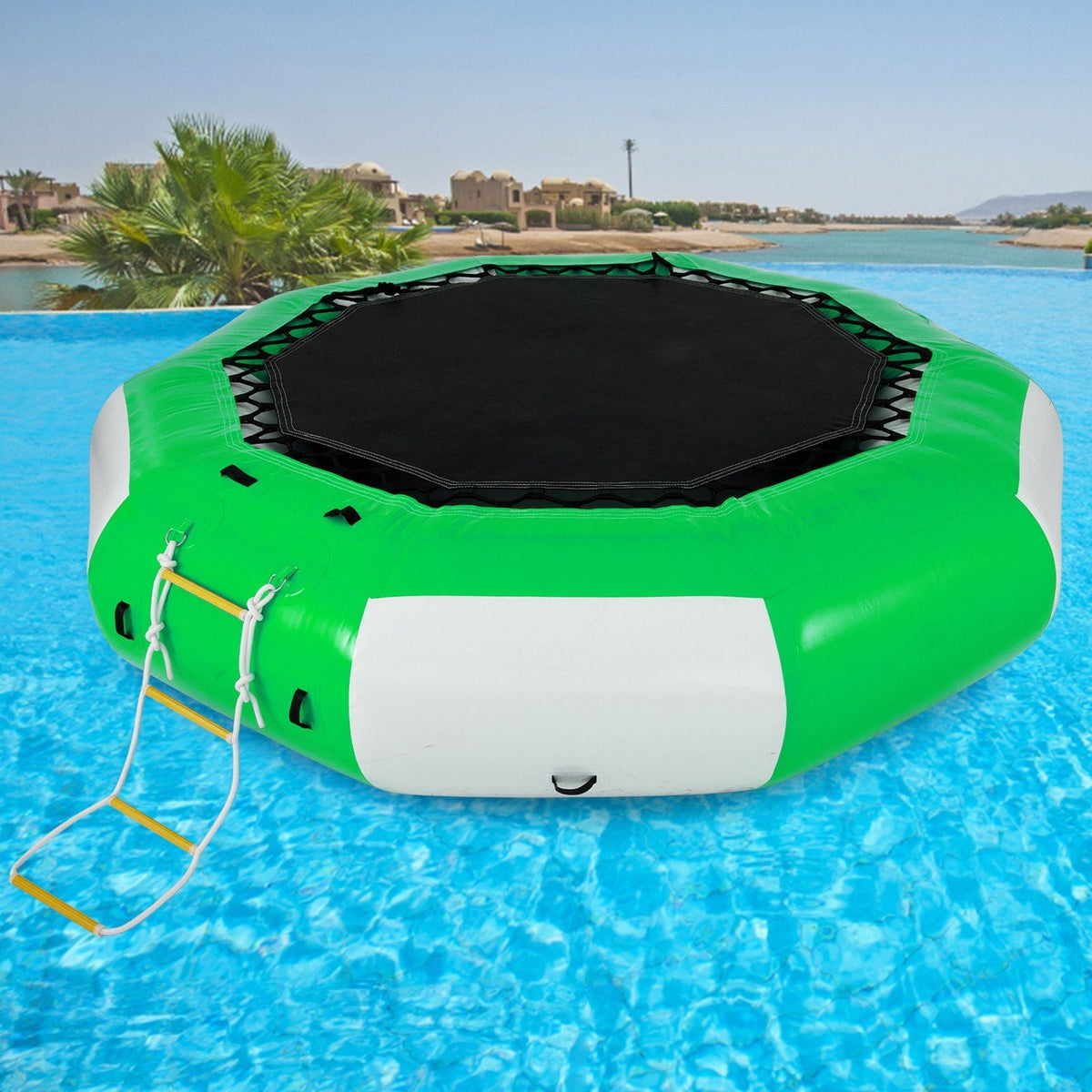 10ft round inflatable water trampoline with ladder, Mercantile Mountain with black surface on Tampa Home & Garden Store
