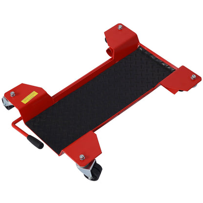 Motorcycle center stand dolly red frame with black diamond-plate deck and casters on Tampa Home & Garden Store