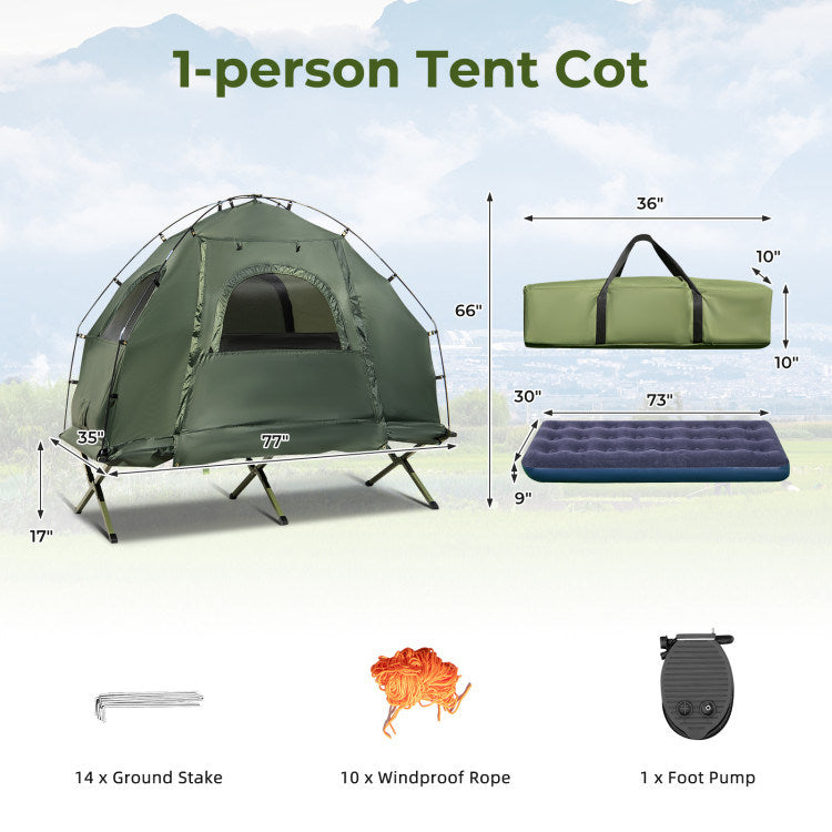 1-person tent cot Mercantile Mountain with sunshade, green tent and blue air mattress on Tampa Home & Garden Store