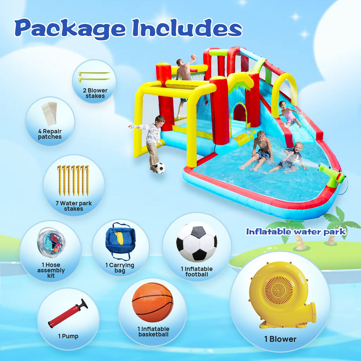 7-in-1 Inflatable Water Slide Bounce House, Mercantile Mountain, bright colorful play structure on Tampa Home & Garden Store