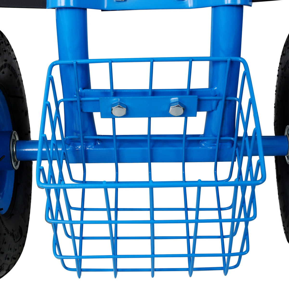 Blue wire basket for a rolling garden scooter cart with tool tray on Tampa Home & Garden Store