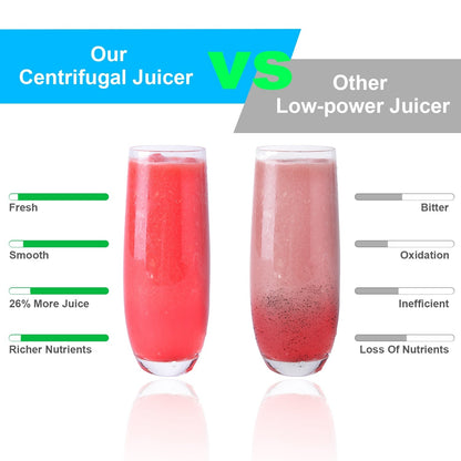 Mercantile Mountain 1000W centrifugal juicer infographic with two juice glasses vs other juicer on Tampa Home & Garden Store