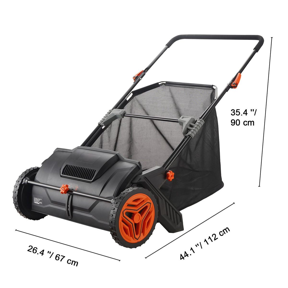 Mercantile Mountain heavy duty 21-inch push lawn sweeper with mesh bag and orange wheels on Tampa Home & Garden Store