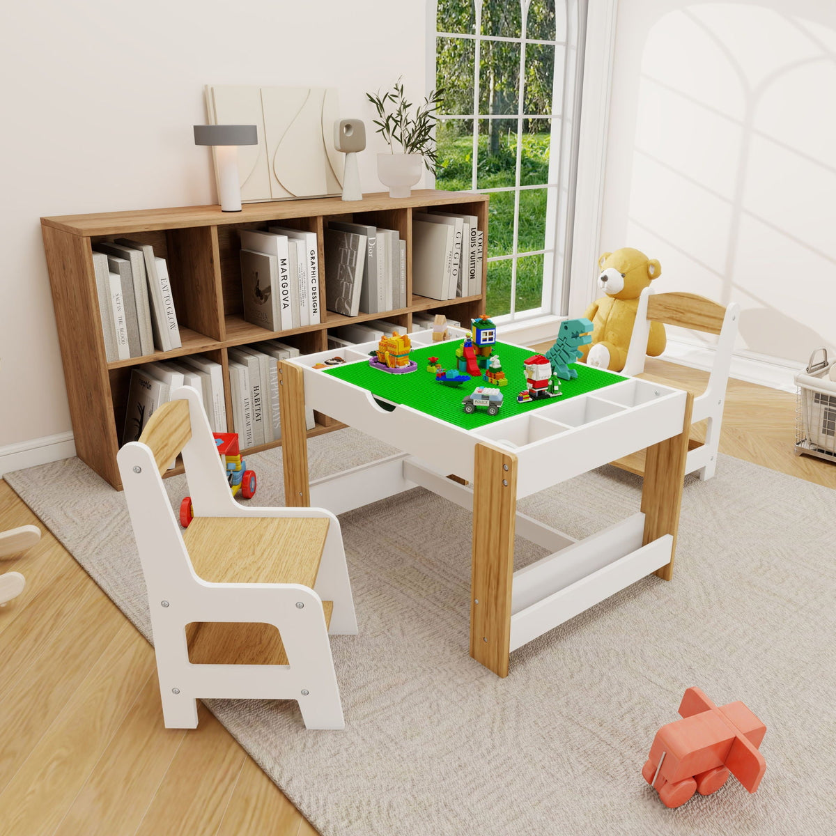 2 in 1 Play Table and 2 Chair Set with Storage, white with wood legs, LEGO/Duplo compatible on Tampa Home & Garden Store