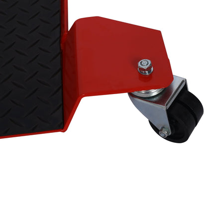 Motorcycle center stand dolly with red steel platform and diamond-plate surface, 500lbs capacity on Tampa Home & Garden Store