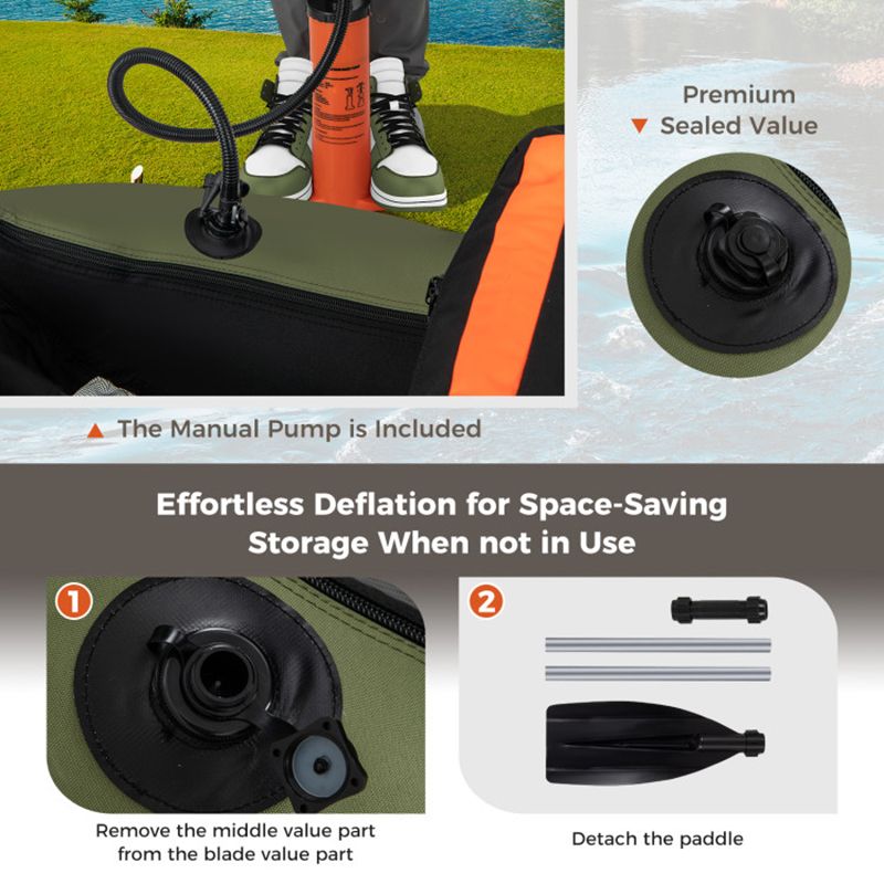 Mercantile Mountain inflatable fishing float tube with pump, green body and orange trim on Tampa Home & Garden Store