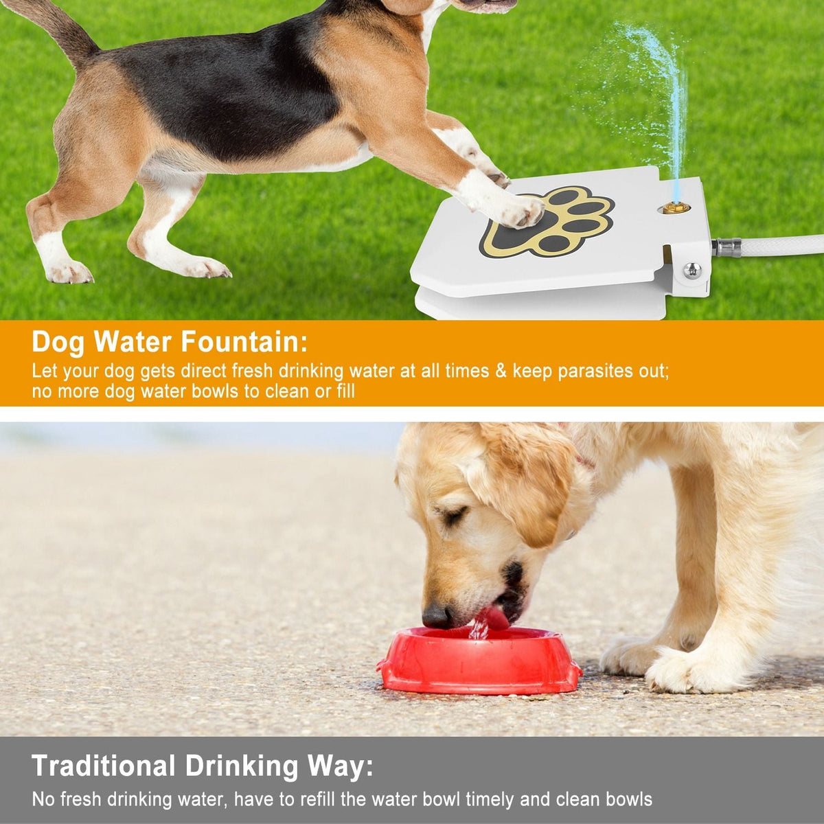 Outdoor dog water fountain Mercantile Mountain white step-on dispenser with paw logo on Tampa Home & Garden Store