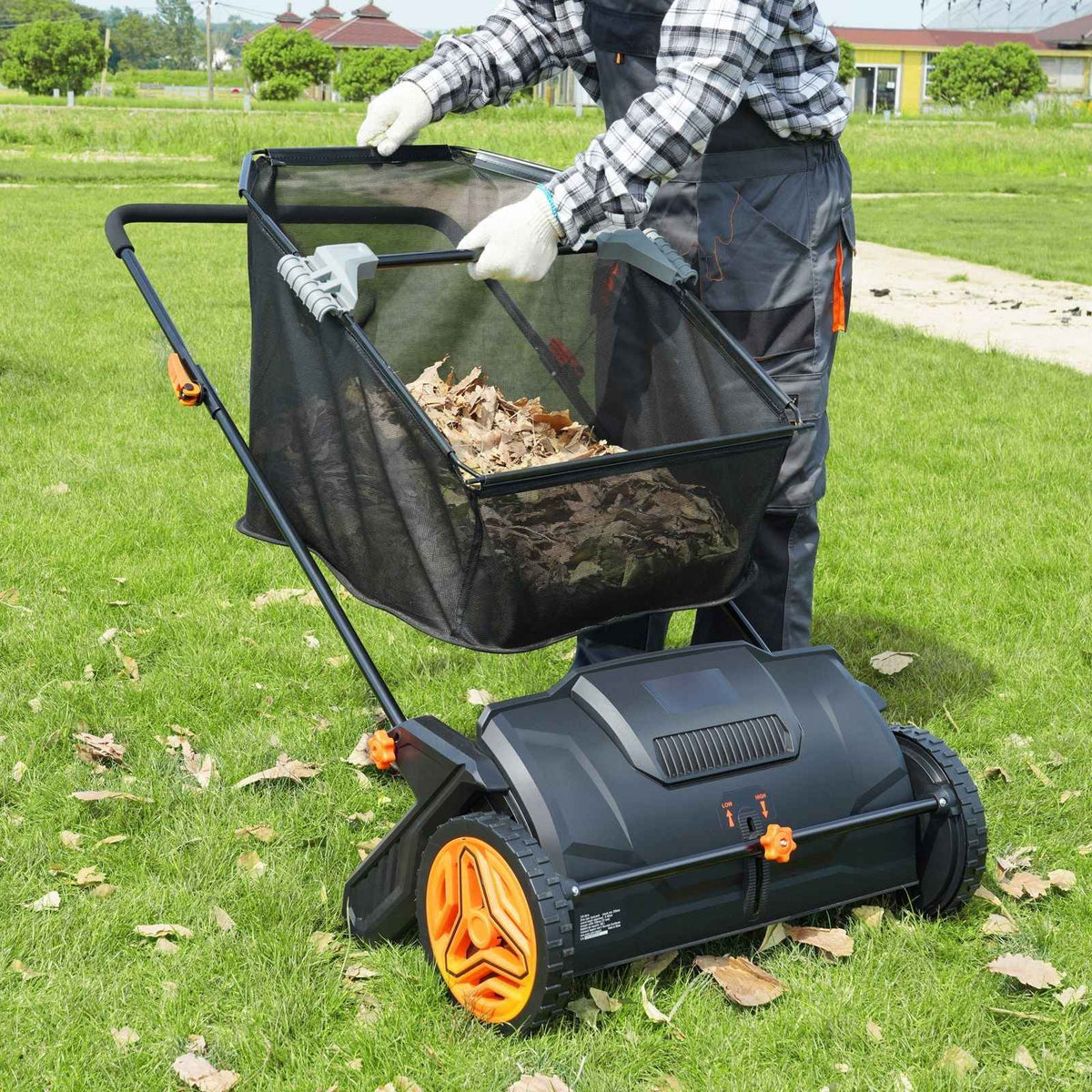 Mercantile Mountain 21in push lawn sweeper in black with orange wheels and leaf hopper on Tampa Home & Garden Store