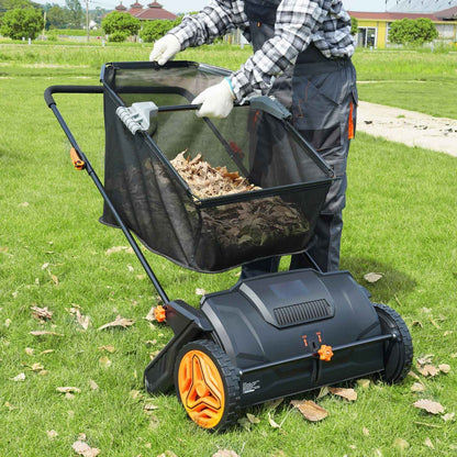 Mercantile Mountain 21in push lawn sweeper in black with orange wheels and leaf hopper on Tampa Home & Garden Store