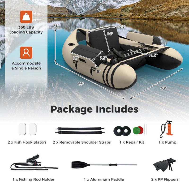 Inflatable fishing float tube by Mercantile Mountain with 1 pump and beige storage pockets on Tampa Home & Garden Store
