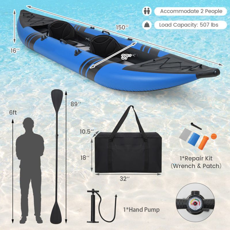 Mercantile Mountain 2-person Inflatable Kayak Set blue/black with aluminium oars, repair kit, bag on Tampa Home & Garden Store