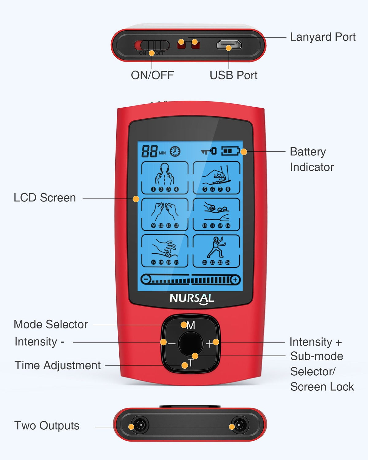 Red handheld 24-Mode TENS & EMS Unit with 8 pads rechargeable LCD screen dual outputs on Tampa Home & Garden Store