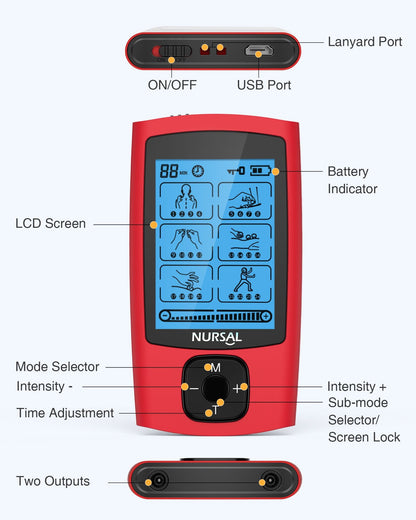 Red handheld 24-Mode TENS & EMS Unit with 8 pads rechargeable LCD screen dual outputs on Tampa Home & Garden Store