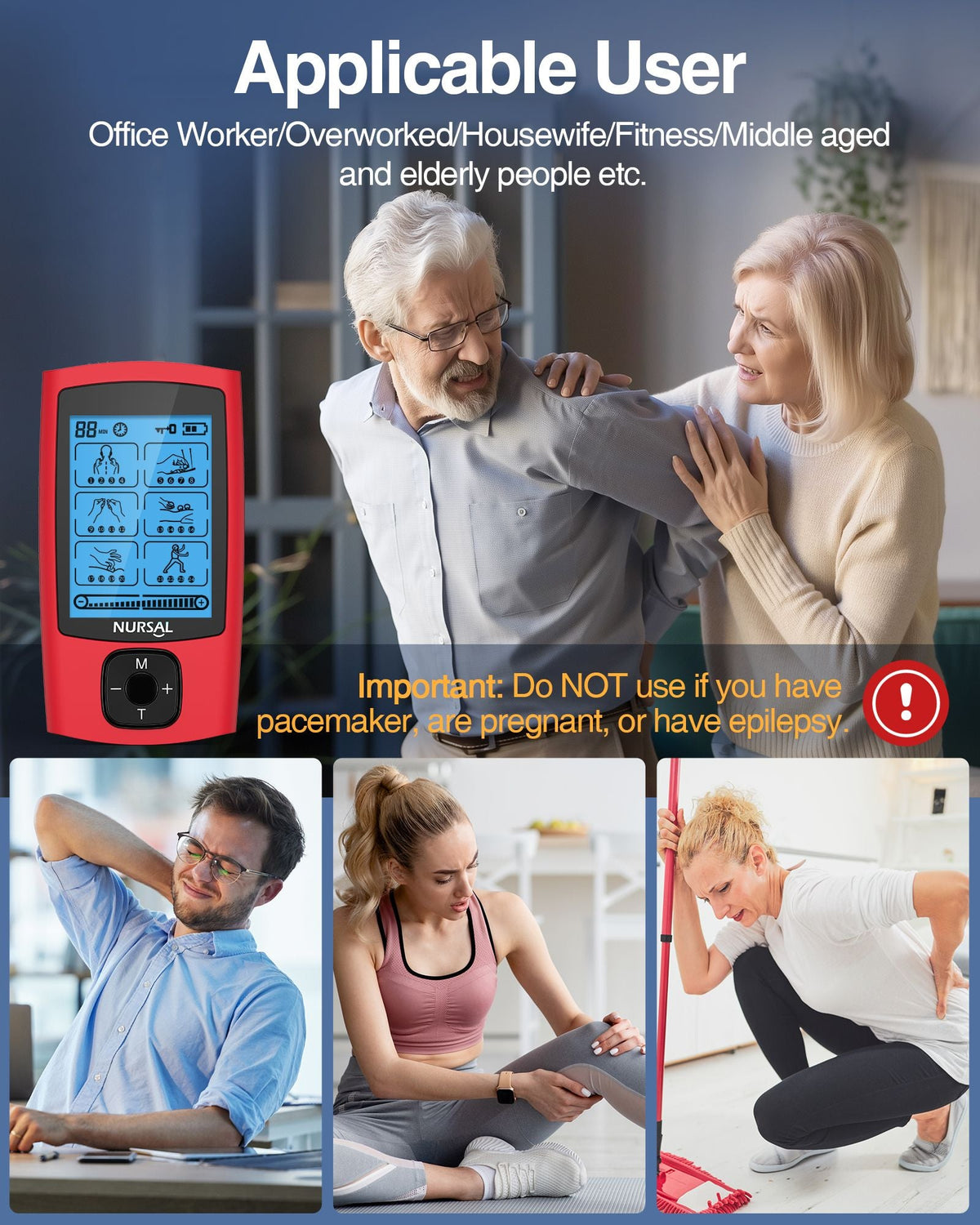 Red NURSAL 24-mode TENS & EMS unit, rechargeable muscle stimulator with 8 pads on Tampa Home & Garden Store
