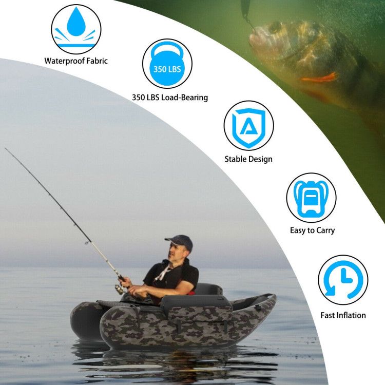 Inflatable fishing float tube with pump, camo design; 350 lb load bearing Mercantile Mountain on Tampa Home & Garden Store