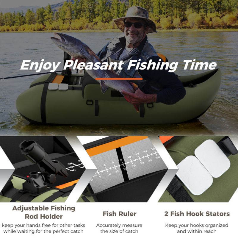 Inflatable fishing float tube by Mercantile Mountain green with pump and fish ruler on Tampa Home & Garden Store