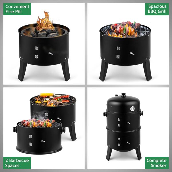 Outdoor Charcoal Smoker Grill by Mercantile Mountain portable black barrel BBQ cooker 4 setups on Tampa Home & Garden Store