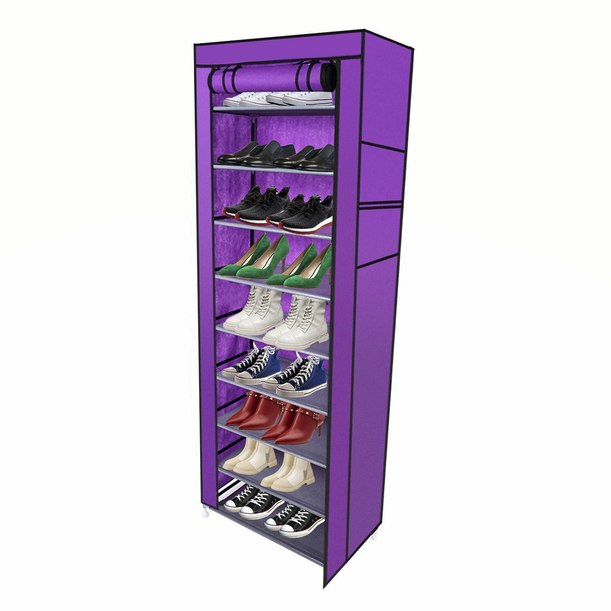Room-saving 10-layer shoe rack with 9 lattice shelves in black non-woven fabric on Tampa Home & Garden Store