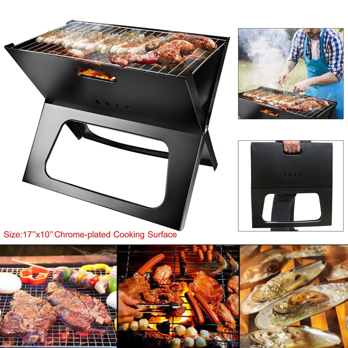 Foldable charcoal BBQ grill Mercantile Mountain chrome-plated 17x10 cooking surface on Tampa Home & Garden Store