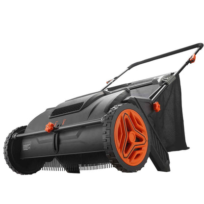 Mercantile Mountain heavy duty 21in push lawn sweeper with orange wheels and mesh bag on Tampa Home & Garden Store