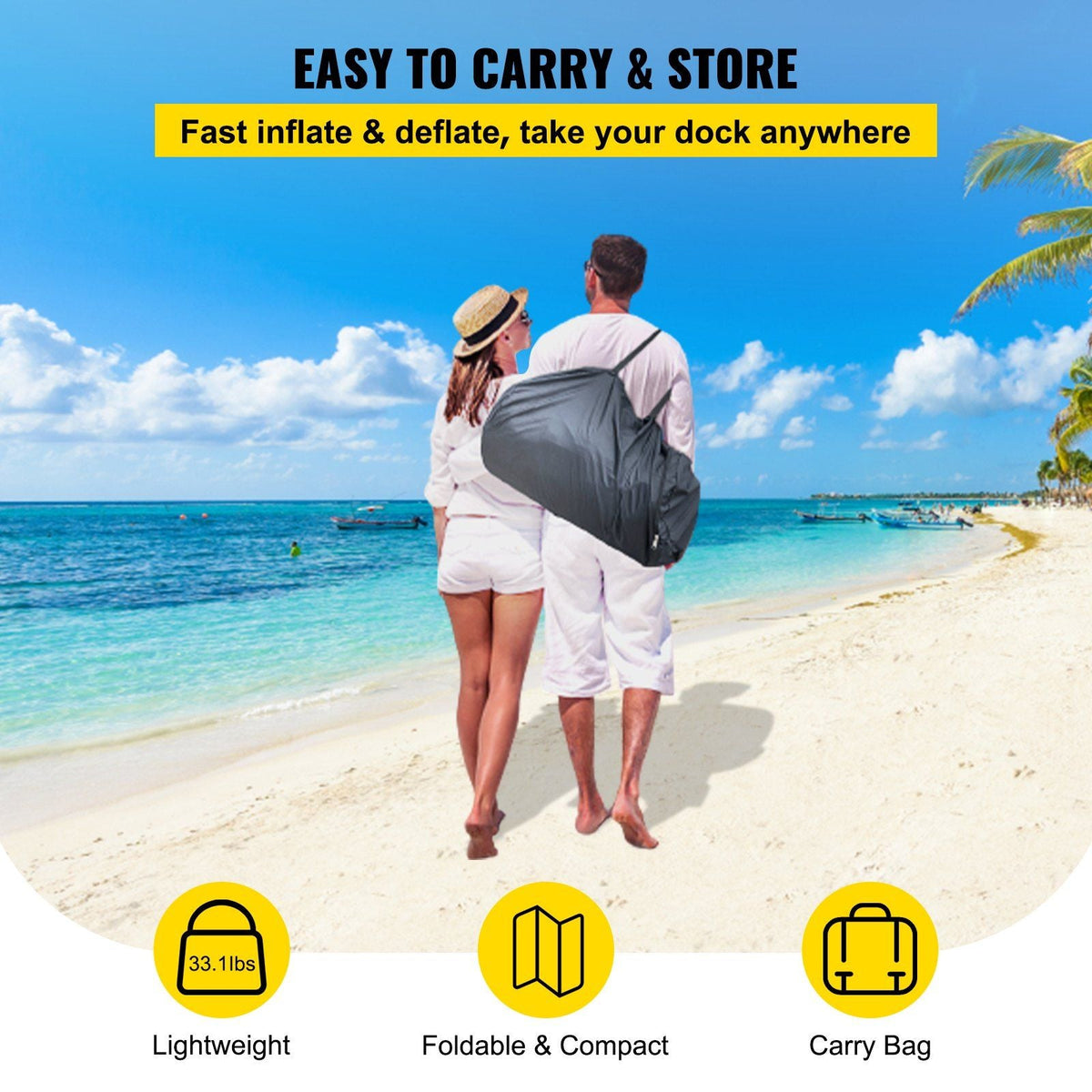 8x5 ft Inflatable Floating Dock Platform in a gray carry bag, carried by a couple on beach on Tampa Home & Garden Store