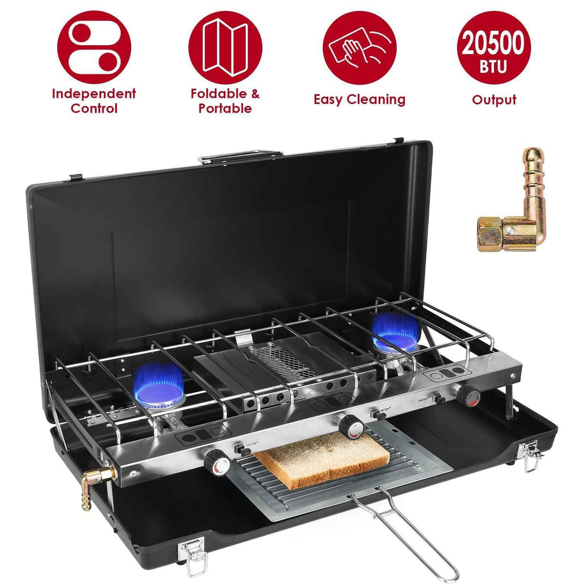 3-Burner Camping Stove by Mercantile Mountain in black with windshield and toast tray on Tampa Home & Garden Store