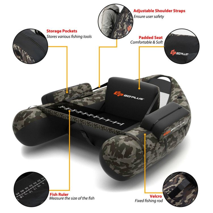 Inflatable camo fishing float tube with padded seat, pockets, and fish ruler Mercantile Mountain on Tampa Home & Garden Store