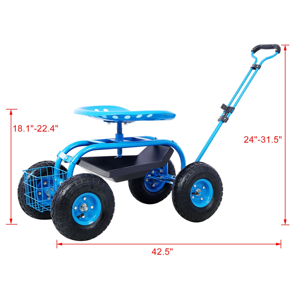 Rolling garden scooter cart by Mercantile Mountain in blue with 360 swivel seat, wheels and tool tray on Tampa Home & Garden Store