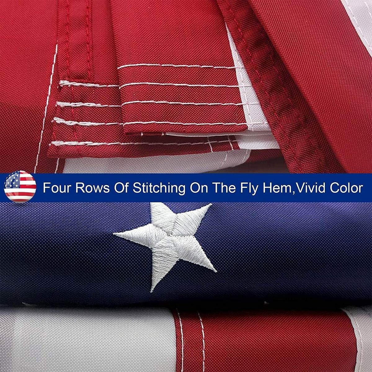 Heavy Duty Outdoor American Flag with red fly hem stitching and blue canton with white stars on Tampa Home & Garden Store