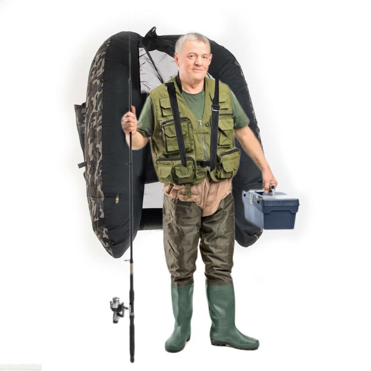 Inflatable Fishing Float Tube Mercantile Mountain camo panels worn by angler holding rod on Tampa Home & Garden Store