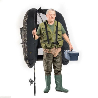 Inflatable Fishing Float Tube Mercantile Mountain camo panels worn by angler holding rod on Tampa Home & Garden Store