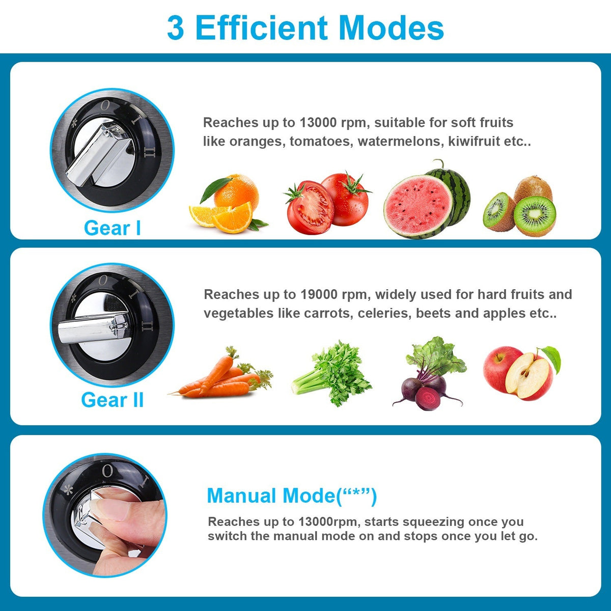 Mercantile Mountain 1000W centrifugal juicer infographic shows 3 modes Gear I/II with fruit images on Tampa Home & Garden Store