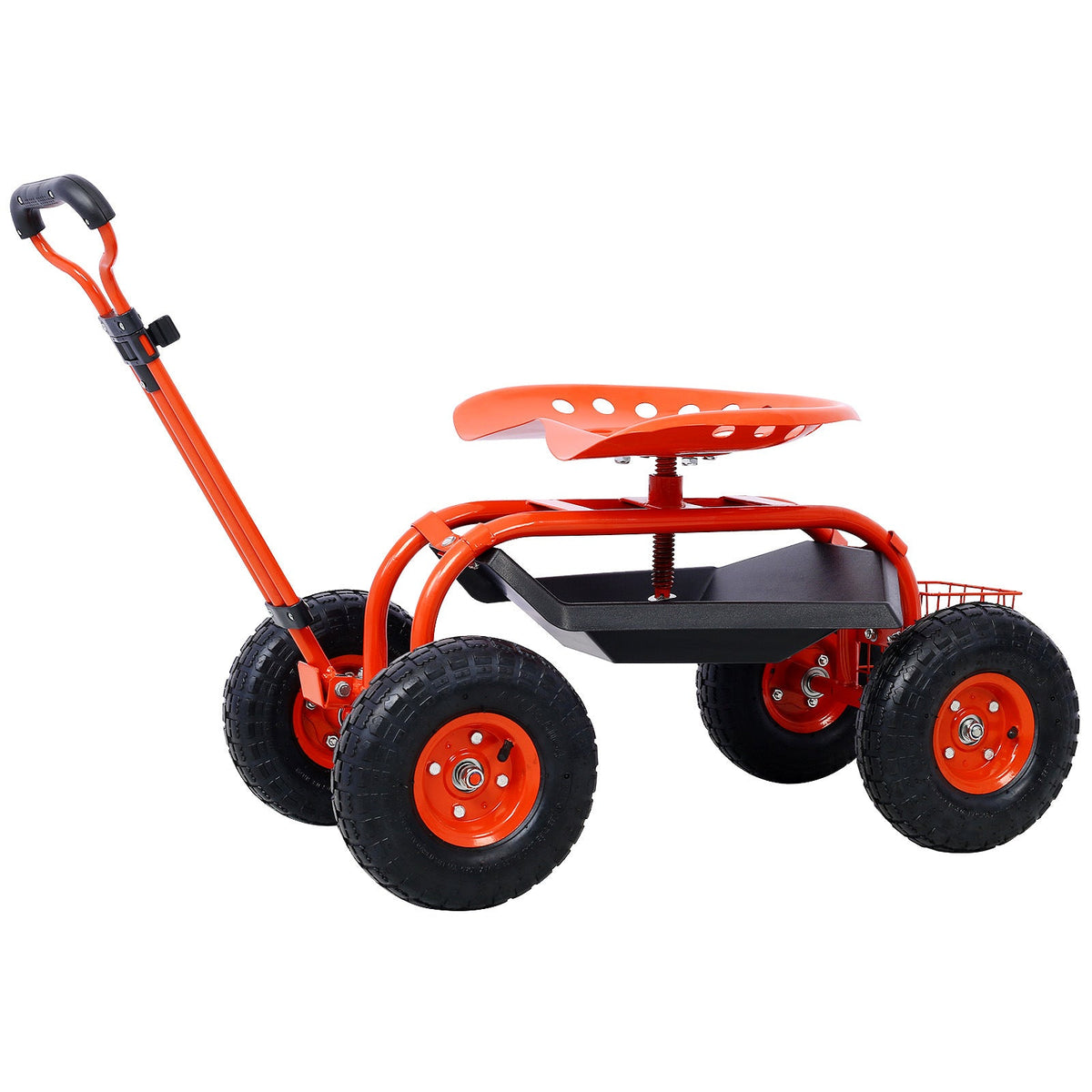 Mercantile Mountain red rolling garden scooter with wheels, 360 swivel seat and tool tray on Tampa Home & Garden Store
