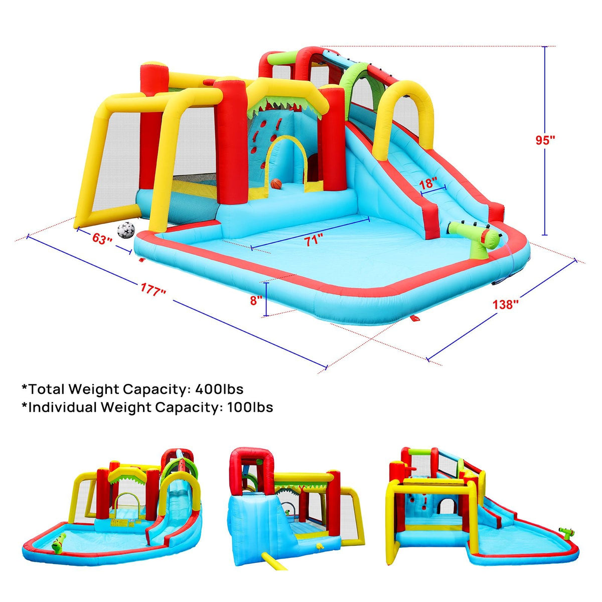 7-in-1 Inflatable Water Slide Bounce House with Pool by Mercantile Mountain, blue base with red and yellow accents on Tampa Home & Garden Store