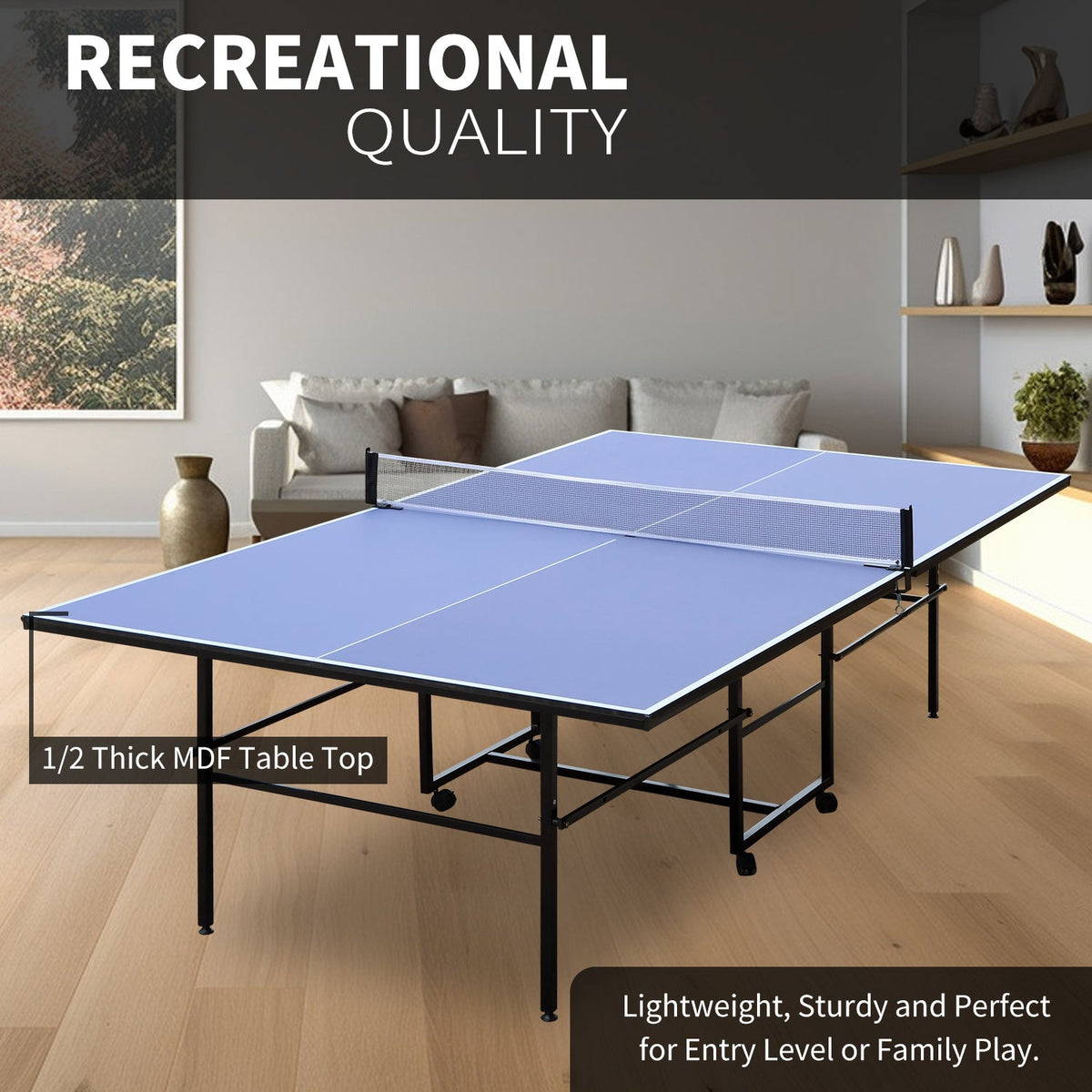 9-Foot foldable indoor ping pong table by Mercantile Mountain with blue MDF top and net on Tampa Home & Garden Store