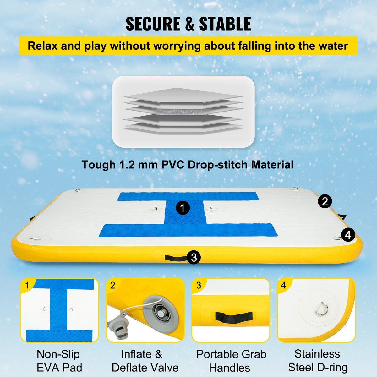 Inflatable floating dock 8x5ft with electric pump, blue and white deck with yellow edge on Tampa Home & Garden Store