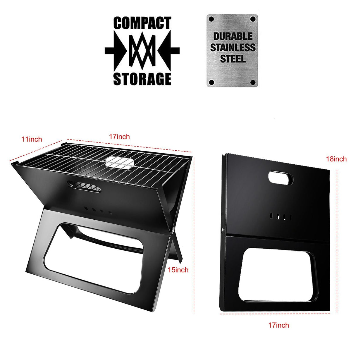 Foldable Charcoal BBQ Grill with portable triangle design, Mercantile Mountain, black steel body on Tampa Home & Garden Store