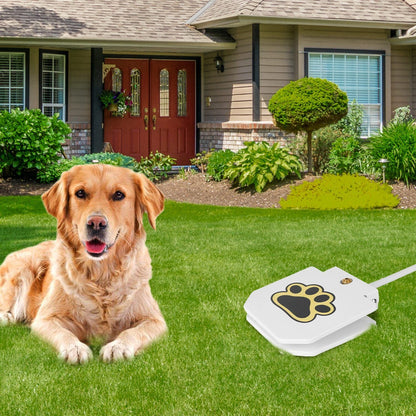 Outdoor Dog Water Fountain Step-On Dispenser, white with paw-print lid beside dog on green lawn on Tampa Home & Garden Store